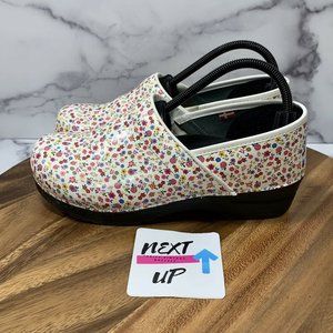 Sanita White Flower Print Patent Leather Danish Chunky Womens Slip On Clog 41